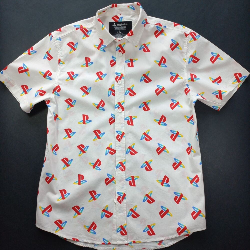 Sony PlayStation Button Up Shirt Logo All Over Print Woven White Men Size Large